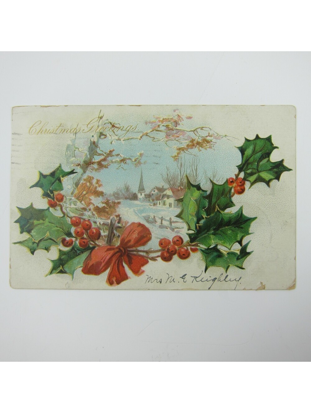 Christmas Postcard Church Snow Holly Berries Raphael Tuck & Sons Antique 1906